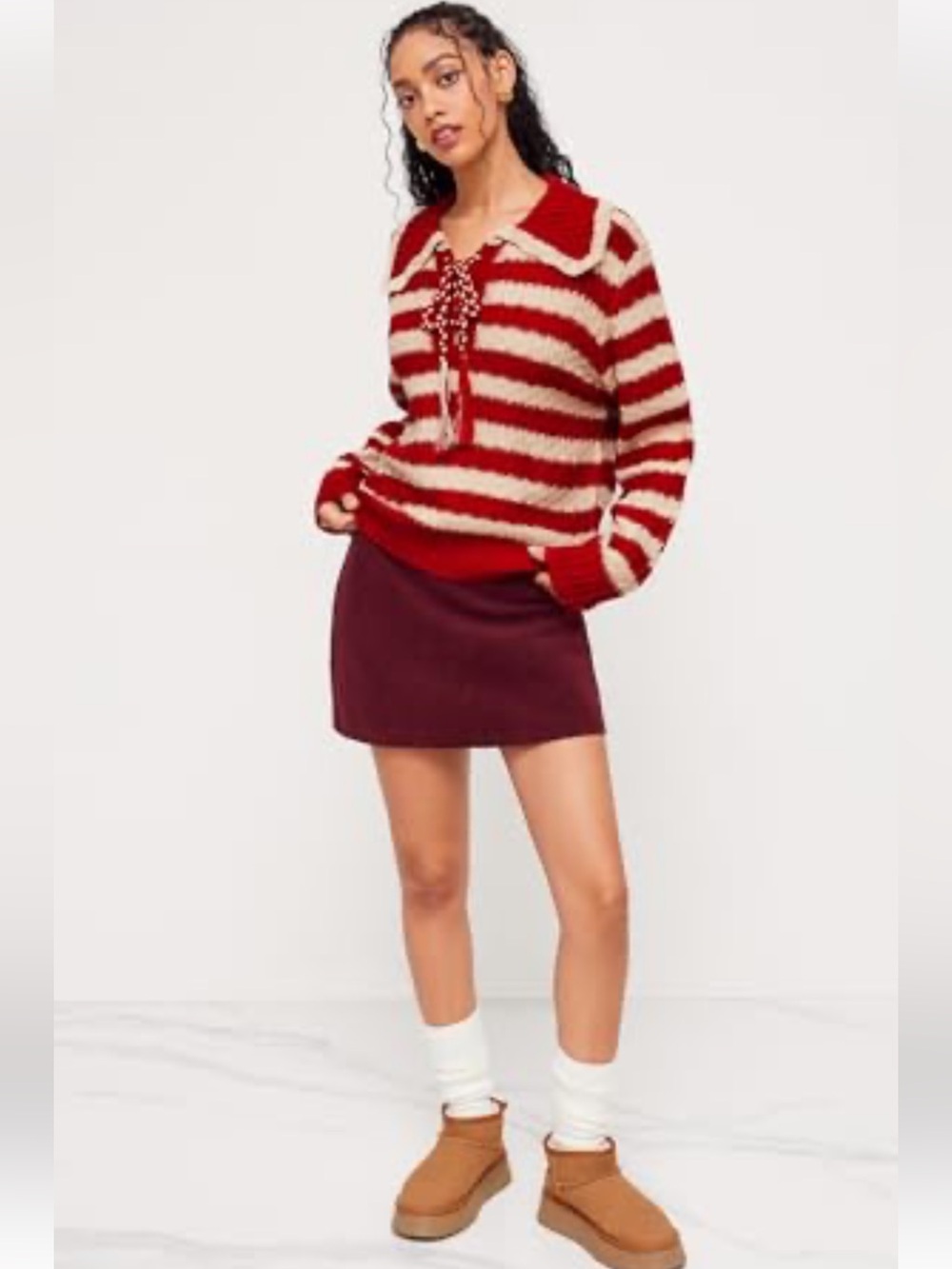 Cider Red & Cream Striped Collared Tie neck Sweater